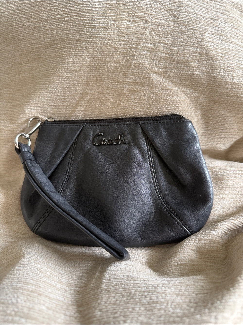 Coach Black Leather Wristlet Clutch with Silver Logo